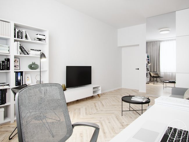 Moderní návrh obývacího pokoje secesního bytu