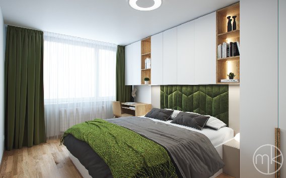 interiér moderní zelené ložnice